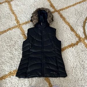 Eddie Bauer down vest. Zip up.  Detachable fur trim